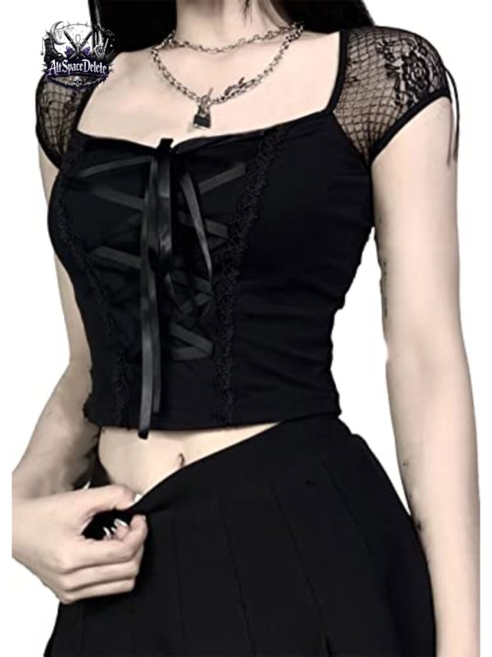 Gothic Crop Top Lace Short Sleeve Crewneck Y2K Alt Emo Goth Punk Shirt